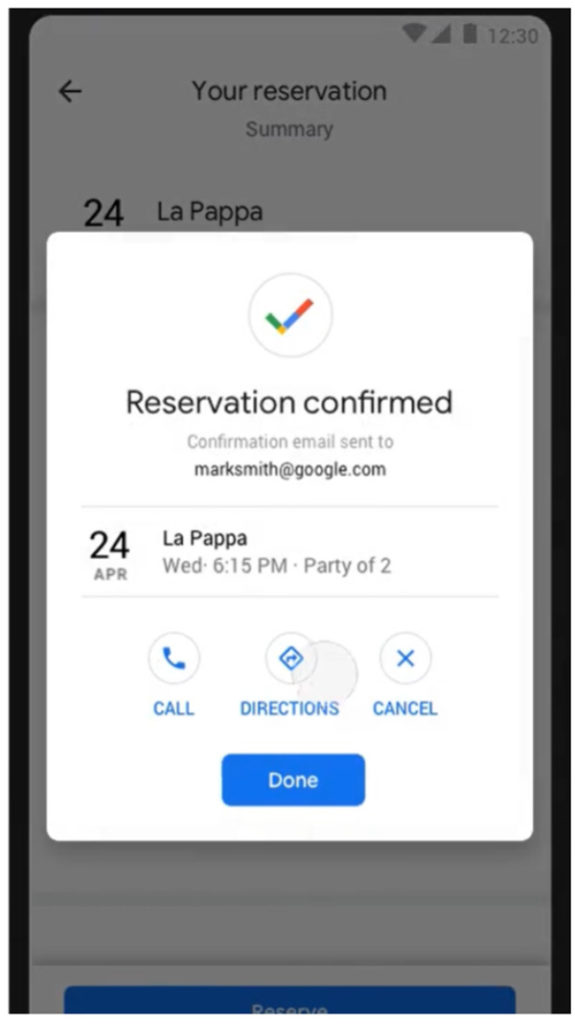 An example of making a reservation online through Google