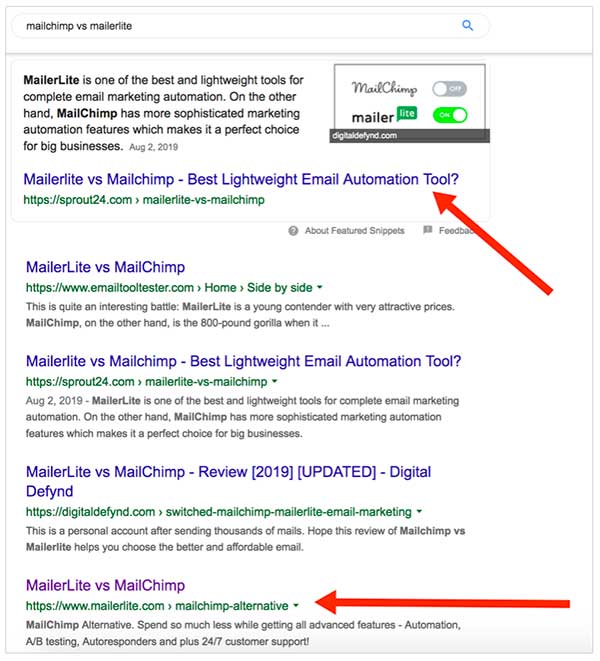 MailerLite vs. Mailchimp search results