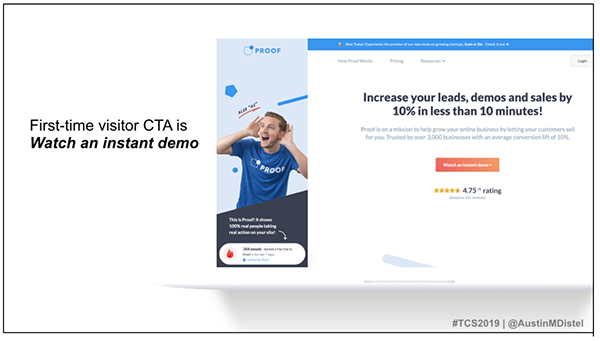 Proof's landing page for a first time visitor with header: Increase your leads, demos and sales by 10% in less than 10 minutes