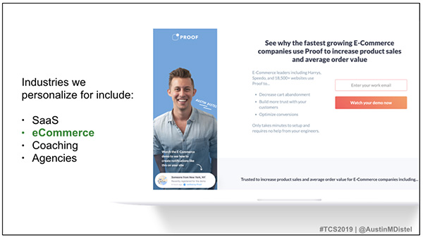 Proof's website page for e-commerce businesses with header: See why the fastest growing E-Commerce companies use Proof to increase product sales and average order value