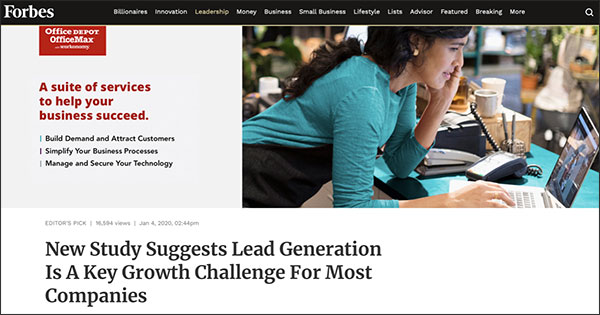 An ad for Office Depot in the above-the-fold content of Forbes with headline: A suite of services to help your business succeed 