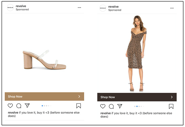 Revolve Instagram post featuring the same beige high heel shoes and a leopard dress