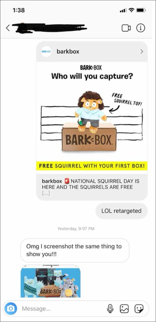 An Instagram DM between 2 DM team members with a BarkBox ad saying "Who will you capture" featuring a squirrel toy 