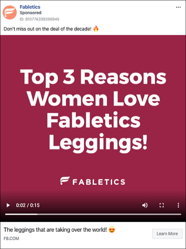 Fabletics Facebook ad