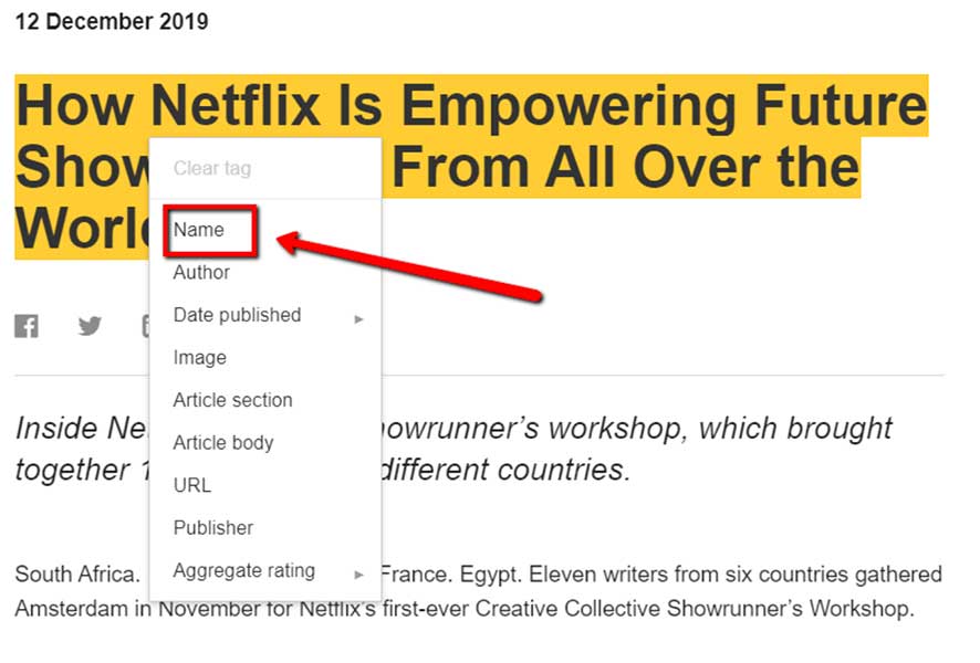 The schema box to create data for the title with tags name, author, date published, etc.