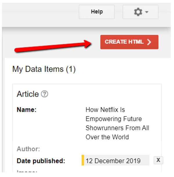 The Create HTML button above the My Data Items