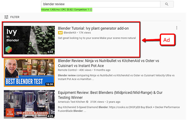 Example of a discovery ad on the Youtube homepage for BlenderKit