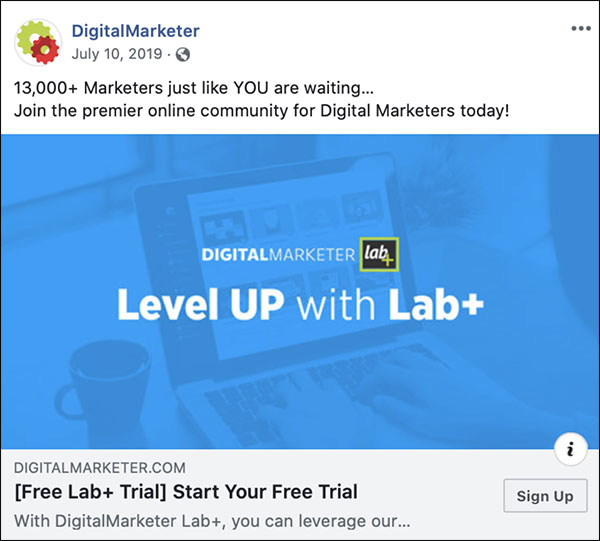 DigitalMarketer newsfeed ad to Level Up with Lab+