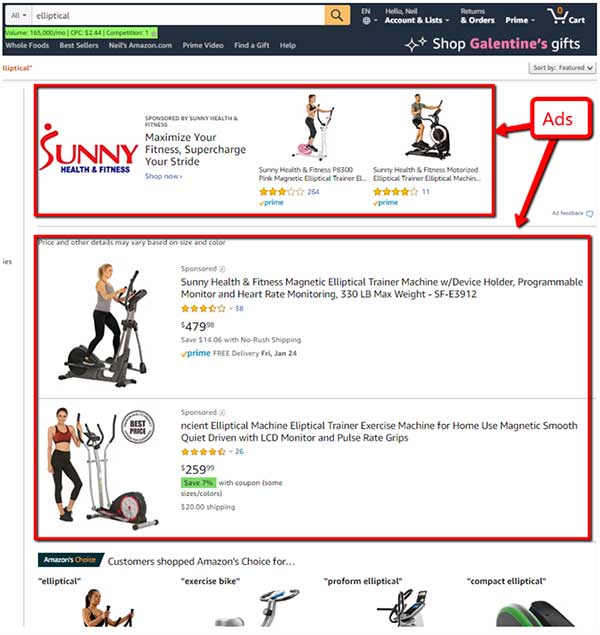 Amazon ads for the search elliptical