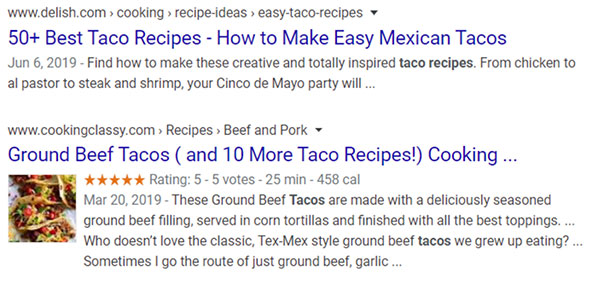 Two examples of search results for taco recipes, one with and one without a picture