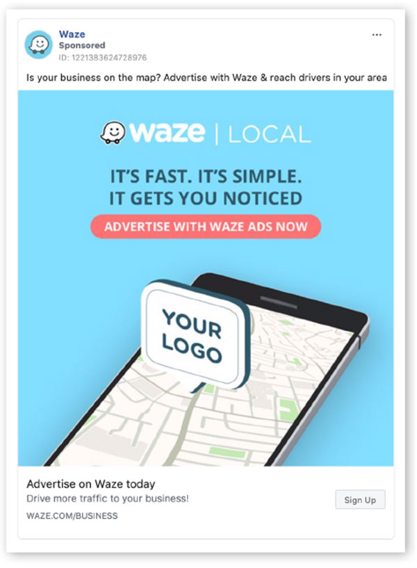 Waze Facebook ad with bright blue and pink colors
