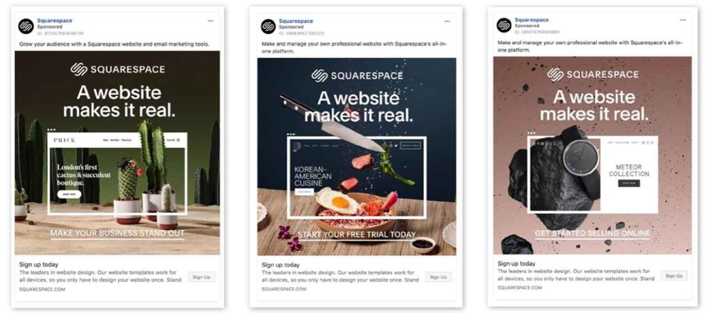 An example of 3 Squarespace ads with consistent design and branding