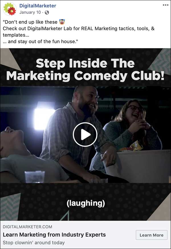 DigitalMarketer's Step Inside The Marketing Comedy Club Facebook video ad