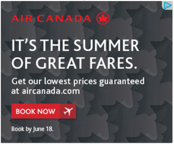 An Air Canada ad with CTA Book Now