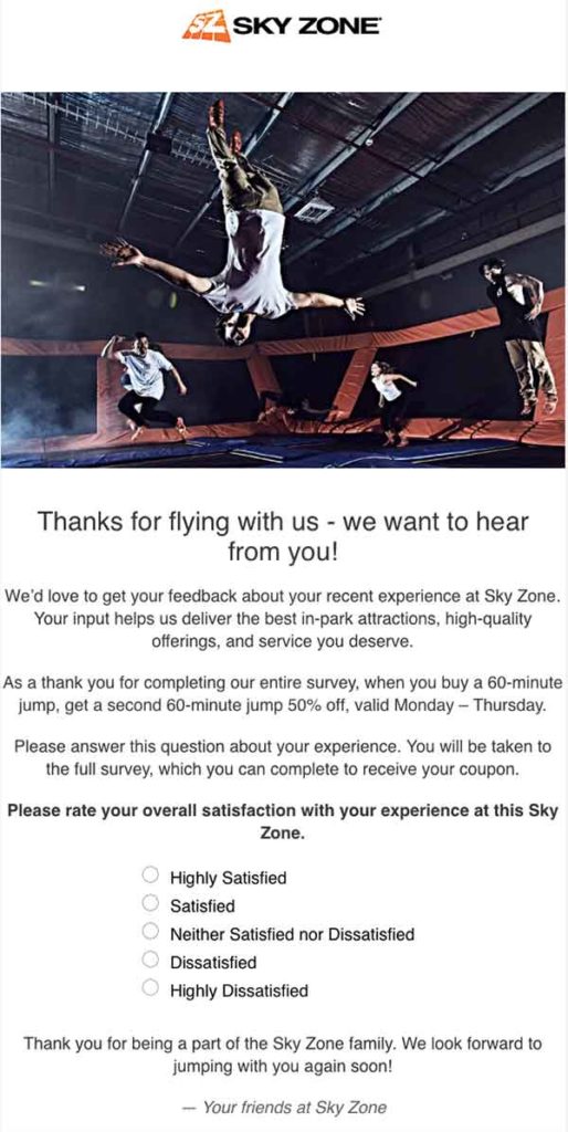 Skyzone's automated email follow-up