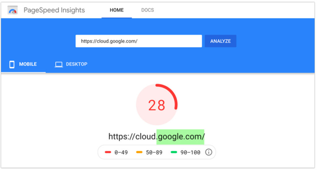 An example of PageSpeed Insights score of 28