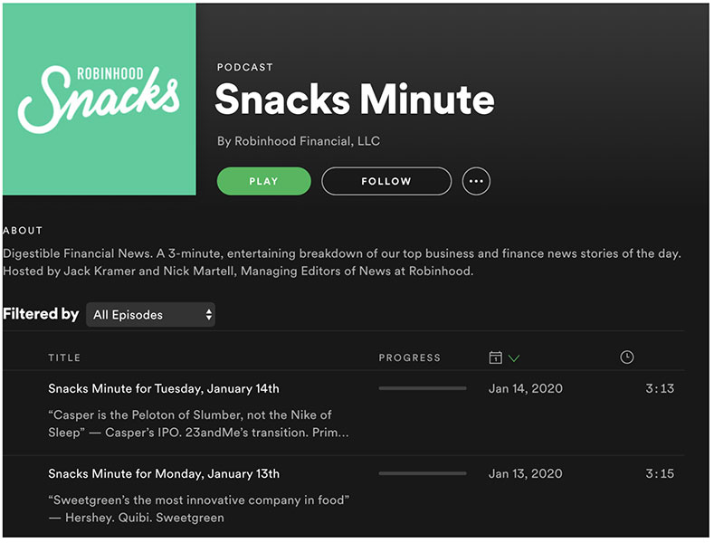 Robinhood's Snacks Minute podcast