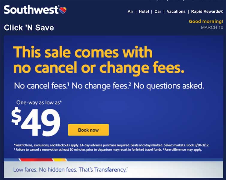 Email promozionale di Southwest per voli da $ 49