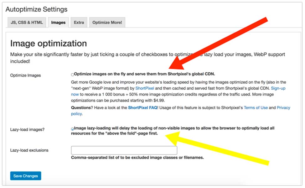 Image optimization settings for Autoptimize