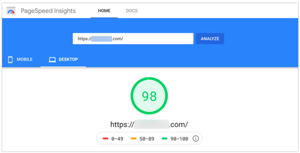 PageSpeed Insight results for desktop with a score of 98