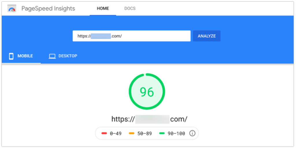 PageSpeed Insights for mobile with a score of 96