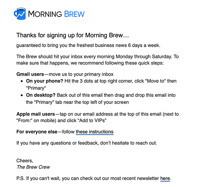 Email di benvenuto di Morning Brew