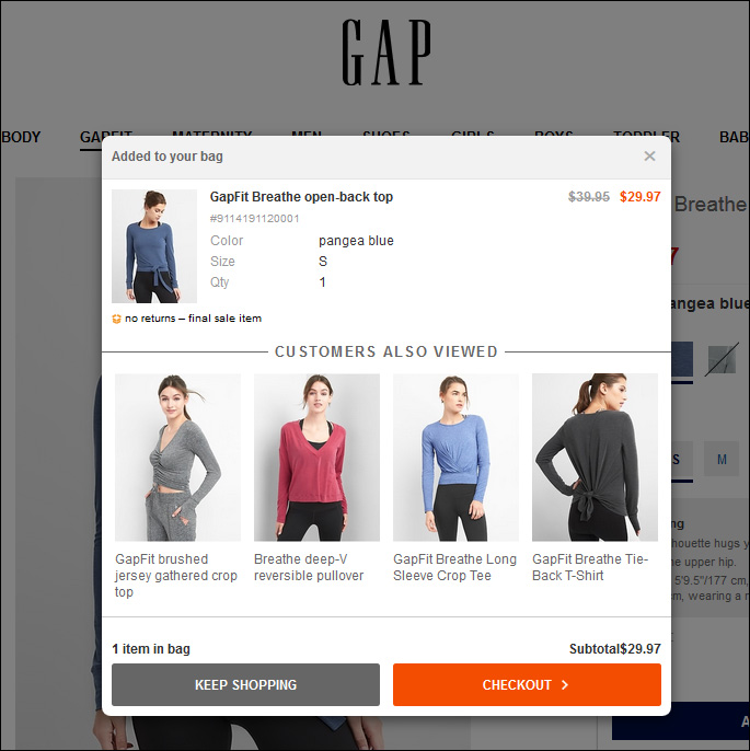 Gap offering an upsell by recommending related products