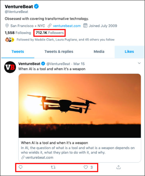 Comparison of followers vs. likes for VentureBeat