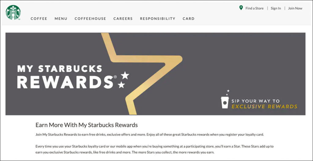 Starbuck's rewards landing page