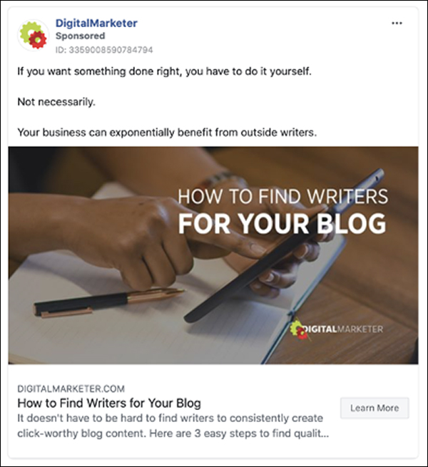 DigitalMarketer's How To Find Writers For Your Blog Facebook ad