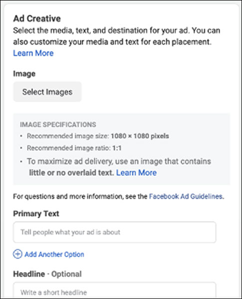 The ad creative options on Facebook Ads Manager