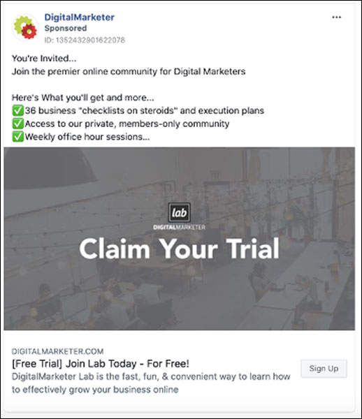 The DigitalMarketer Claim Your Trial Facebook ad