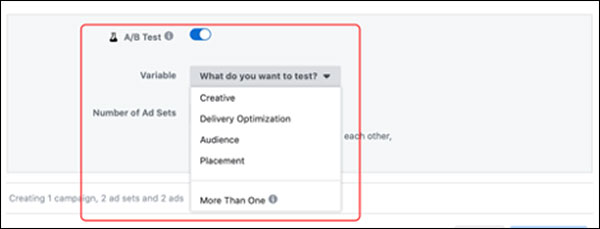 The Facebook A/B test options