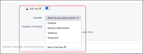 The Facebook A / B test options