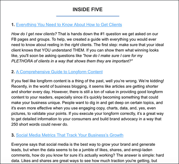An example of DigitalMarketer's "Inside Five" section in their email newsletter