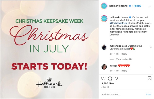 A post from the Hallmark Channel Instagram account about Christmas in July, when they will be playing romantic holiday movies all month long