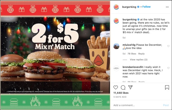 A Burger King Instagram Post about their christmas themed 2 for $5 mix n' match sale