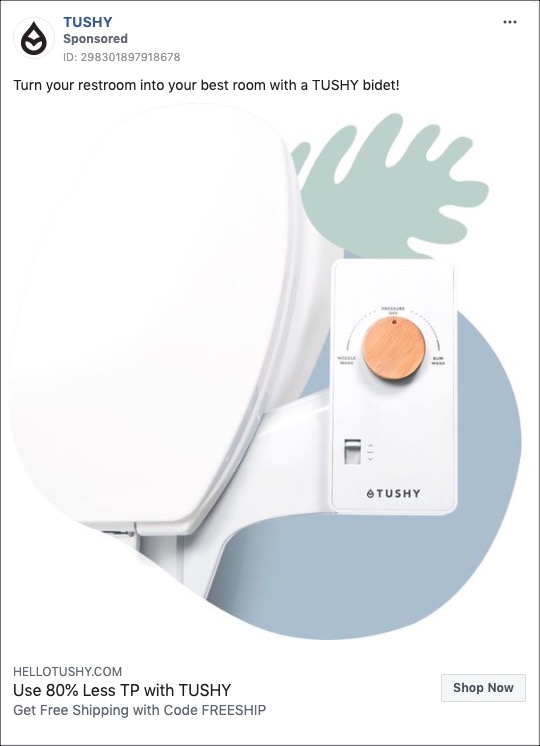 A plain, mostly white Tushy Facebook ad that is advertising the Bidet from the angle of turning your rest room into your best room.