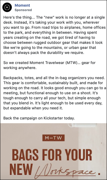 an ad for Moment for a kickstarter for travel gear for working