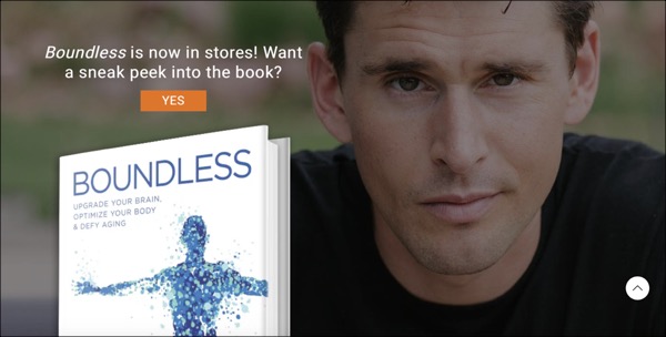 A picture of Ben Greenfield's face behind his book Boundless and an offer to get a sneak peek at the book
