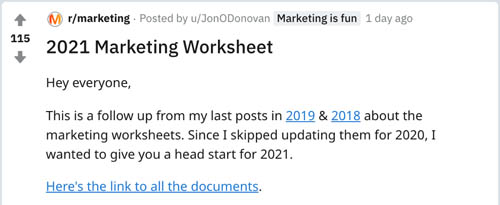 Reddit post offering free marketing worksheet