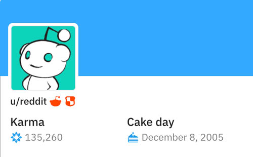 Reddit profile with Karma score (135,260) and start date