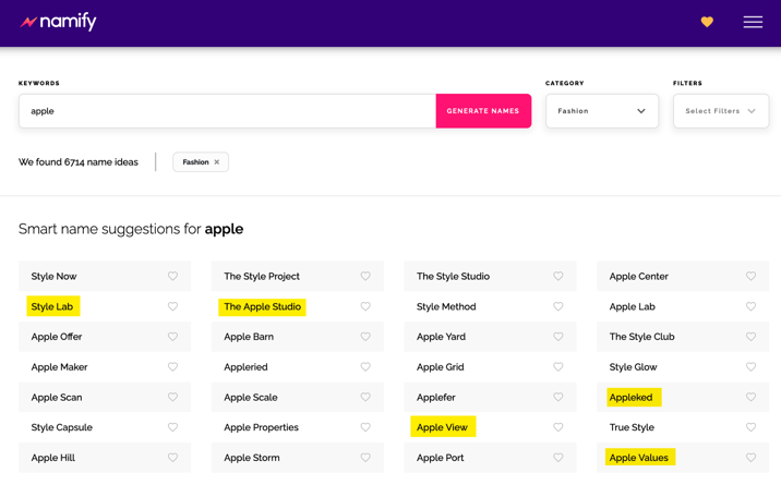 Screenshot of Namify site with suggestions for names with "apple"