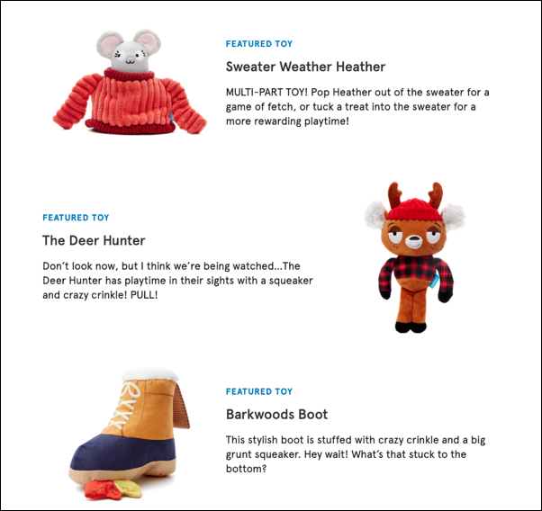 Product descriptions from BarkBox dog toys
