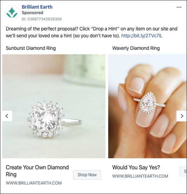 Brilliant Earth Facebook ad