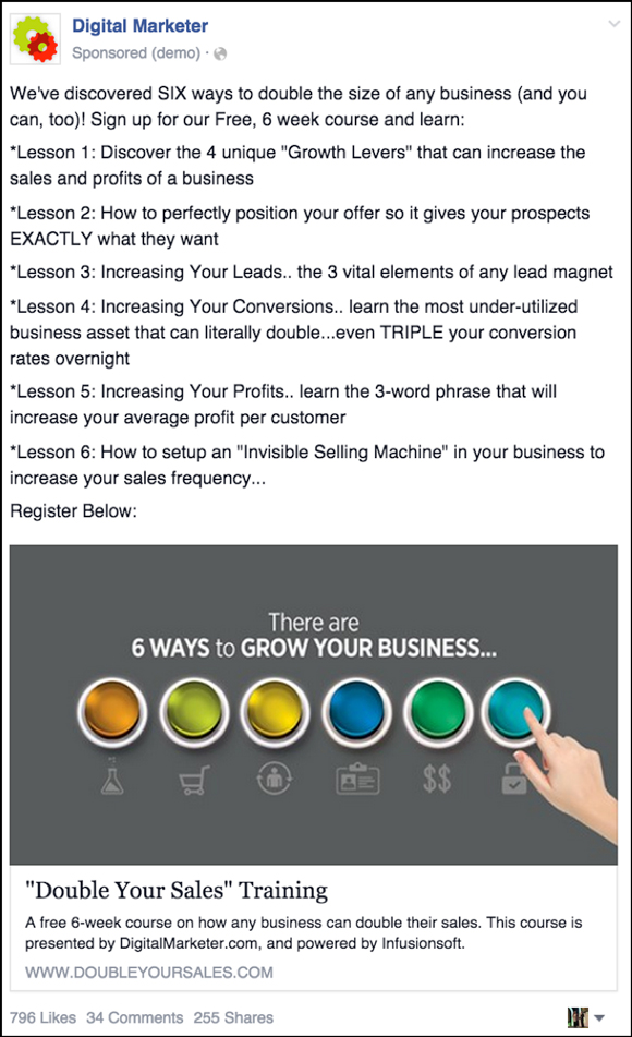 Retargeting with a Facebook Newsfeed Ad to a Mini-Class