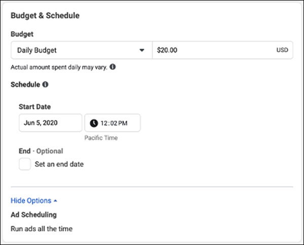 Facebook budget & schedule options