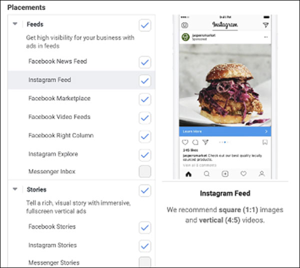 Facebook placement options