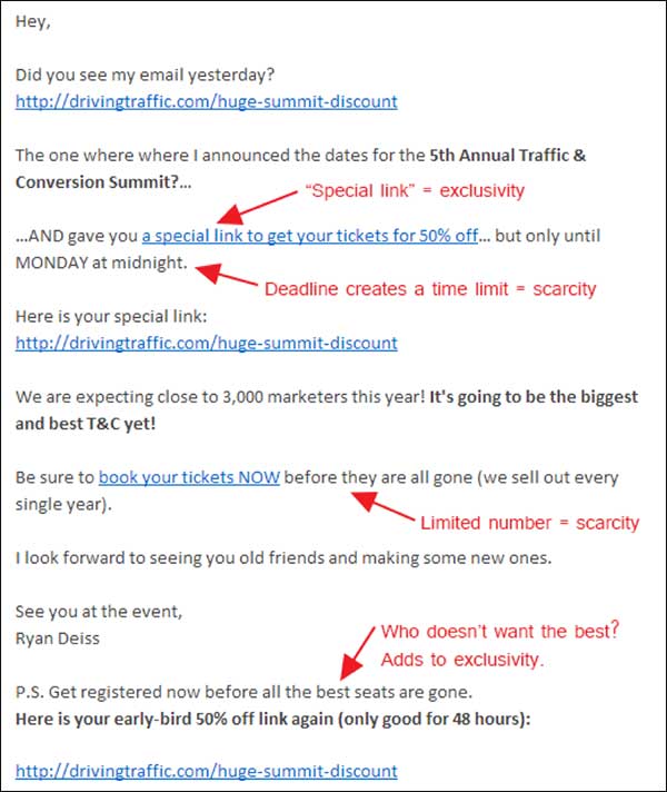 Email containing several examples of scarcity