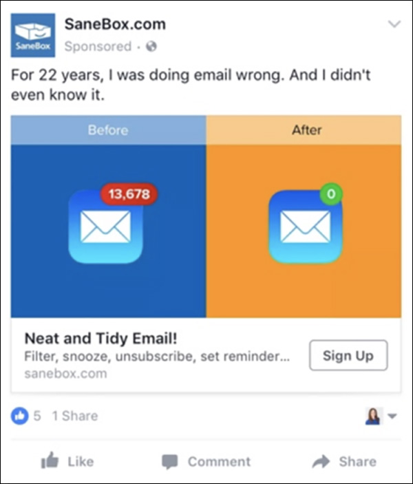 Facebook ad from SaneBox